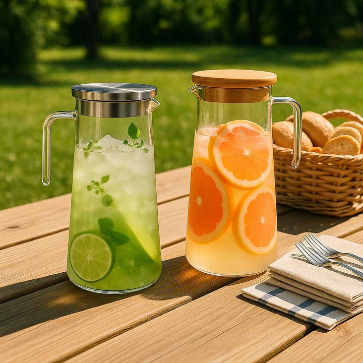 Drikke køletub i glas og rustfrit stål med trædetaljer, æstetisk og holdbar: An outdoor picnic scene where the drinking cooler tubes are securely positioned on a wooden picnic table, naturally placed next to a basket of snacks.