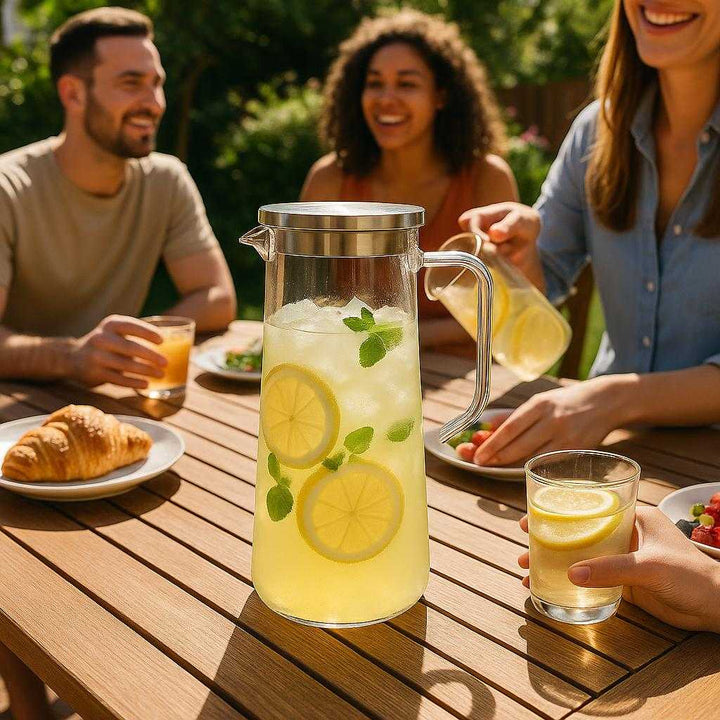 Drikke Køletub i Glas, Rustfrit Stål og Træ - Æstetisk, holdbar, Let at Hælde: A realistic garden patio setting where the product is properly grounded on a wooden table, being actively used by a group of friends enjoying a summer brunch.