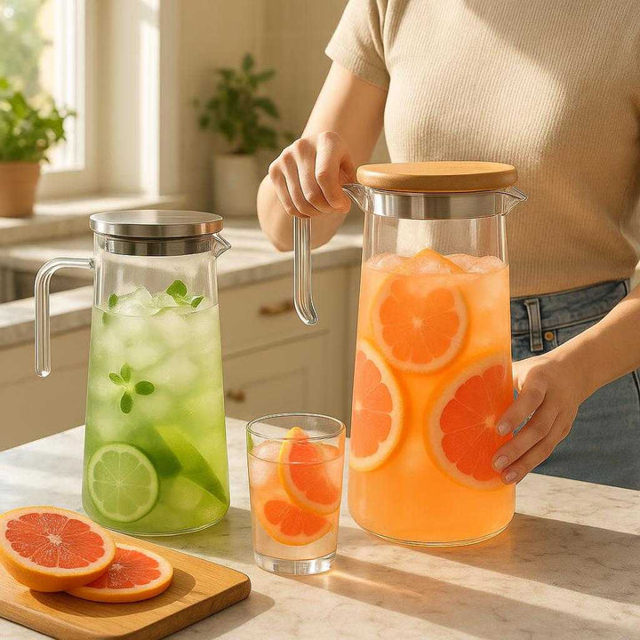 Drikke Køletub i Glas, Rustfrit Stål og Træ - Æstetisk, holdbar, Let at Hælde: A different realistic indoor kitchen setting where the product is securely positioned on a marble countertop, being used by a person preparing a refreshing citrus drink with slices of grapefruit and ice cubes visible inside.