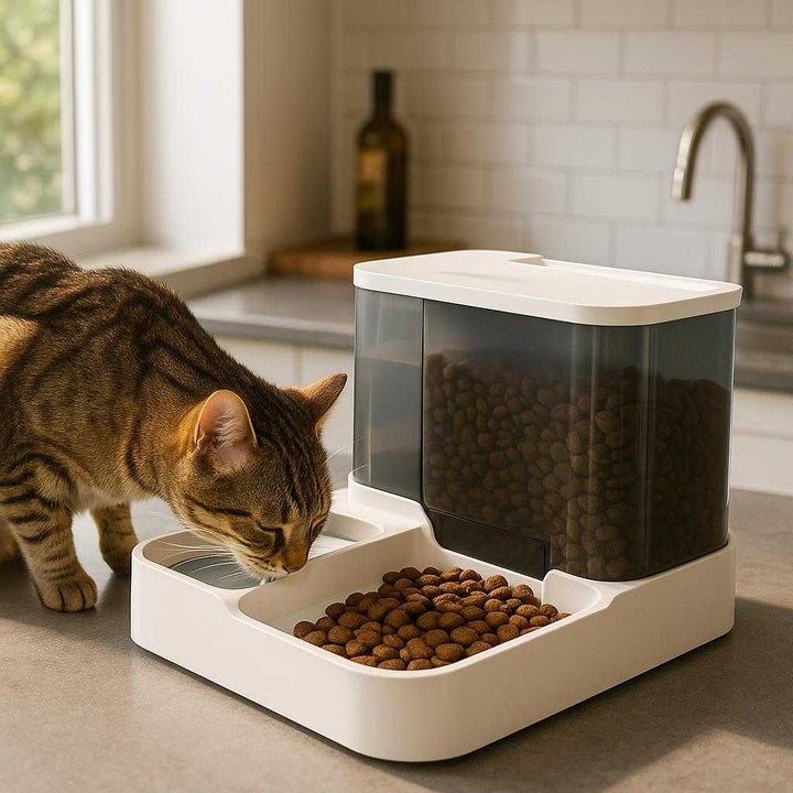 Drikkefontæne med Sensor og Batteri til Katte – Automatisk Vanddispenser i Keramik, Høj Kvalitet: A realistic modern kitchen setting where the ceramic water dispenser is properly grounded on a sleek countertop, being actively used by a curious cat drinking from it.