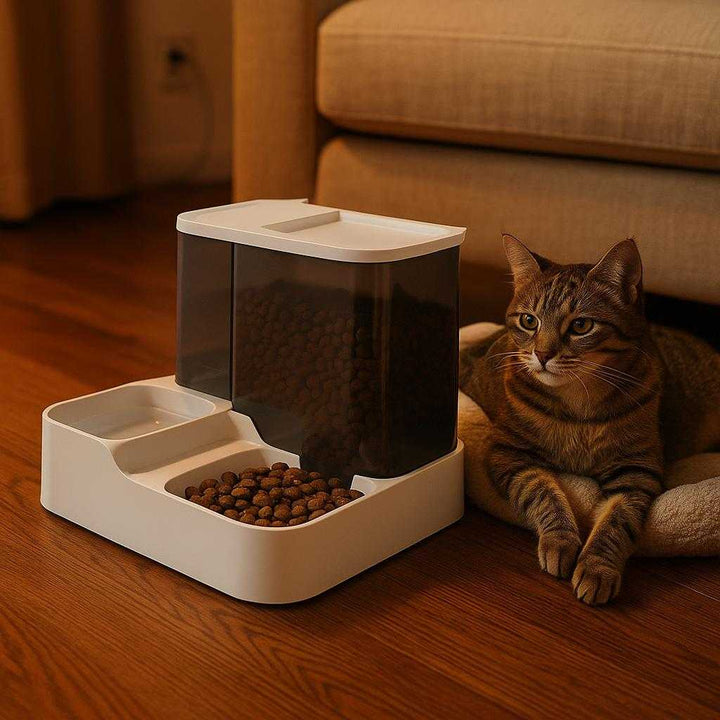 Drikkefontæne med Sensor og Batteri til Katte – Automatisk Vanddispenser i Keramik, Høj Kvalitet: A different realistic living room setting where the ceramic water dispenser is securely positioned on a hardwood floor beside a cozy pet bed.