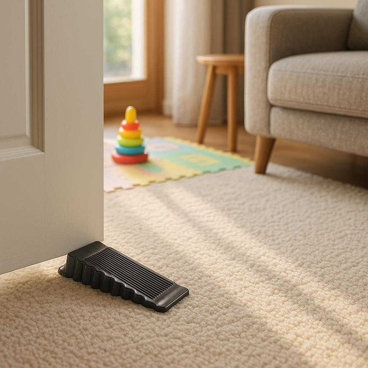 Dørstopper i Moderne Design: Slidstærk, Skridsikker og Diskret - Tilgængelig i Sort, Blå og Hvid. A cozy living room setting, where the dørstopper is placed discreetly under the door to keep it ajar. Sunlight streams through a nearby window, casting soft shadows on a plush carpet. Nearby, a colorful children's play area is visible, suggesting a family-friendly environment. The modern, sleek design of the stopper complements the room's contemporary décor.