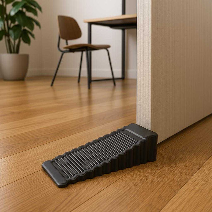 Dørstopper i Moderne Design: Slidstærk, Skridsikker og Diskret - Tilgængelig i Sort, Blå og Hvid. An office environment, where the dørstopper is utilized to hold the door open slightly. The polished wooden floor and minimalist office furniture create a professional ambiance. A potted plant and a mid-century modern chair are visible, enhancing the aesthetic appeal. The sturdy, non-slip features of the stopper are subtly highlighted as it grips the smooth floor surface effectively.