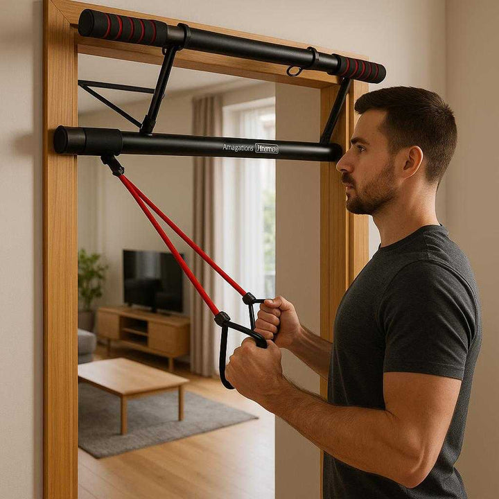 Dørtræningsstang i sort og rød - Multifunktionel og bærbar træningsudstyr til overkropsøvelser: A different realistic apartment living room where the pull-up bar is securely positioned on a sleek modern doorframe, being used as an anchor for resistance band exercises.