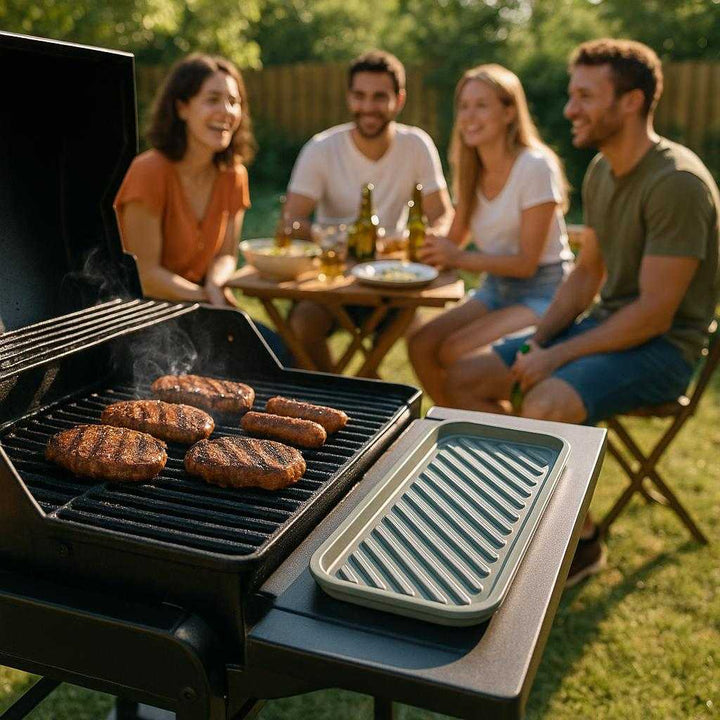 Drypbakker i Silikone til Grill og Husholdningsbrug - Grå, Hvid, Orange, Sort - Høj Kvalitet og Funktionalitet. The gray silicone drip tray is placed beside a barbecue grill, collecting excess juices from sizzling meats while a group of friends enjoys a sunny backyard BBQ.