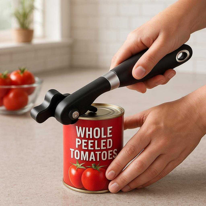 Dåseåbner i rustfrit stål - Ergonomisk design, nem at bruge og effektiv til åbning af dåser: A realistic kitchen setting where the can opener is properly grounded on a kitchen counter, being actively used by a person's hands to open a can of tomatoes, with natural lighting casting realistic shadows and showing clear contact points where the opener touches the can and counter.