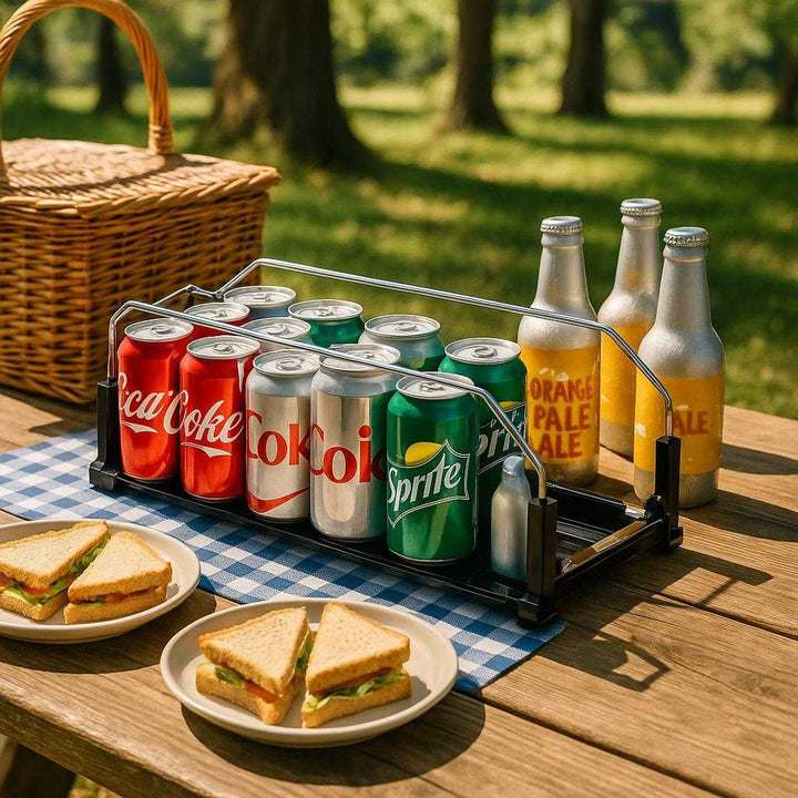 Dåseorganizer i sort metal - Effektiv og pladsbesparende opbevaring til dine dåser: A cozy outdoor picnic setting on a wooden picnic table.