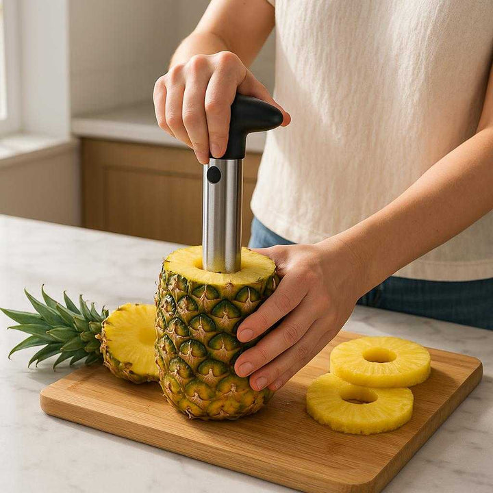 Effektiv Ananasudskærer i Rustfrit Stål - Skaber Perfekte Skiver og Fjerner Kernen i Ét Greb: A realistic modern kitchen setting where the efficient pineapple slicer is properly grounded on a marble countertop, being actively used by a person's hands to slice through a fresh pineapple.