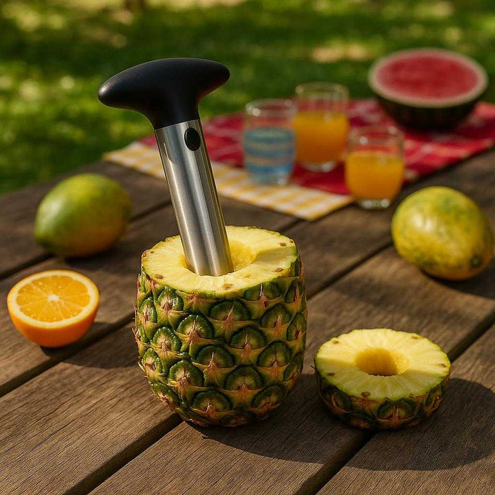 Effektiv Ananasudskærer i Rustfrit Stål - Skaber Perfekte Skiver og Fjerner Kernen i Ét Greb: A different realistic outdoor picnic scene where the efficient pineapple slicer is securely positioned on a wooden picnic table, surrounded by tropical fruits and a vibrant picnic setup.