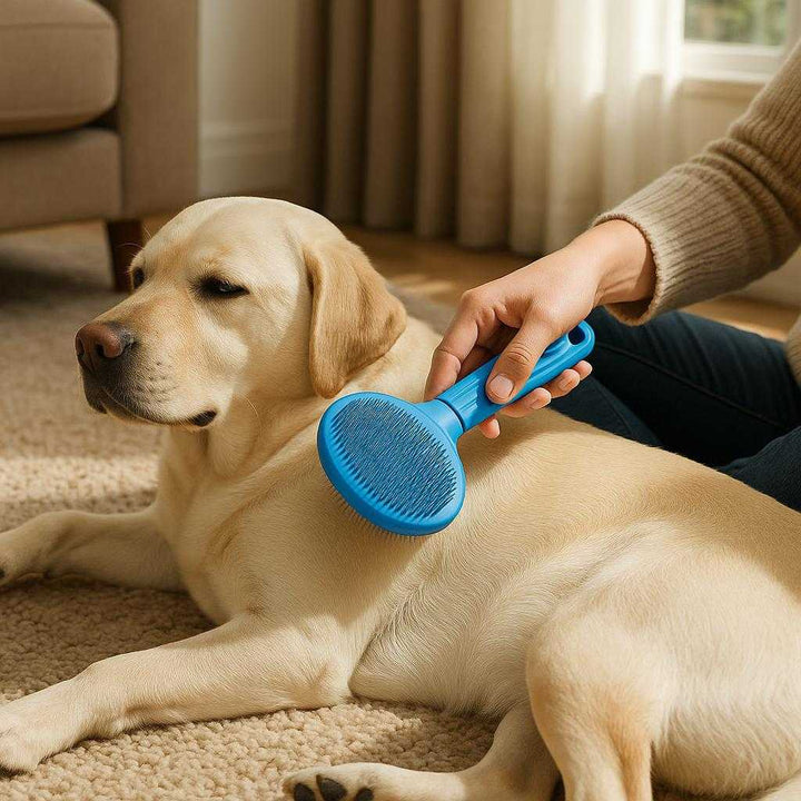 Effektiv Blå Hundebørste og Kattebørste med Ergonomisk Greb, Plastik og Metal: A realistic cozy living room setting where the 'Effektiv Blå Hundebørste og Kattebørste med Ergonomisk Greb, Plastik og Metal' is properly grounded on a plush rug, being actively used by a person brushing a relaxed Labrador's coat, with natural lighting from a nearby window casting realistic shadows and showing clear contact points where the brush touches the dog's fur.