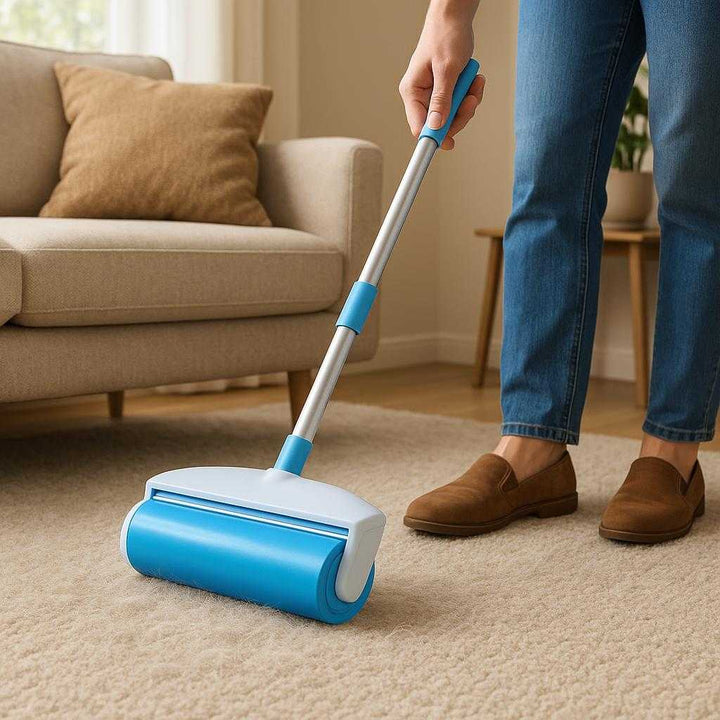 Effektiv Genanvendelig Fnugrulle - Blåt Design, Langt Skaft & Ergonomisk: A realistic living room setting with a plush carpet, where the Effektiv Genanvendelig Fnugrulle is properly grounded on the floor, being actively used by a person to remove pet hair.