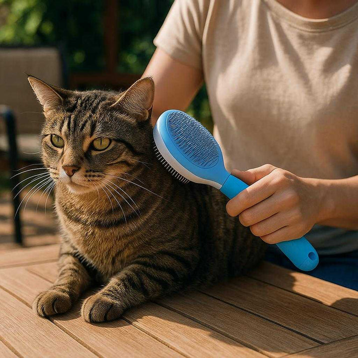 Effektiv Hundebørste og Kattebørste i Blå - Skånsom Pleje med Ergonomisk Greb og Høj Kvalitet: A different realistic outdoor patio setting where the product is securely positioned on a wooden table, being used by a person to groom a cat perched calmly on the table, with proper physics and natural lighting creating soft shadows, emphasizing the brush's design and quality in a natural, relaxed environment.