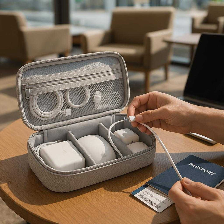 Electronics rejse organizer i lys grå, stof, net og polstret indre, beskytter og organiserer: A realistic airport lounge setting where the electronics travel organizer is properly grounded on a table, being accessed by a person's hands.
