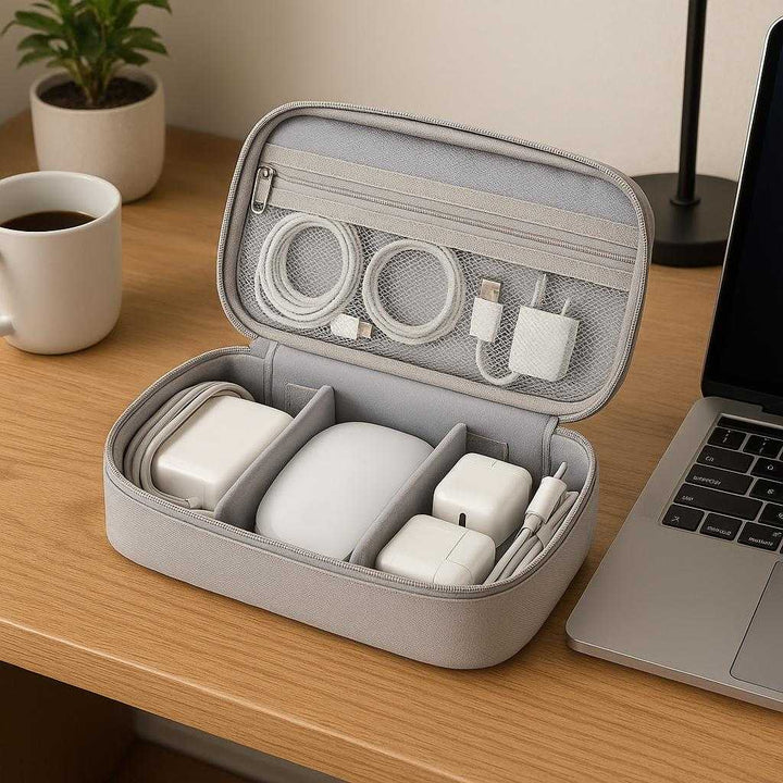 Electronics rejse organizer i lys grå, stof, net og polstret indre, beskytter og organiserer: A different realistic home office environment where the electronics travel organizer is securely positioned on a desk beside a laptop and a coffee mug.