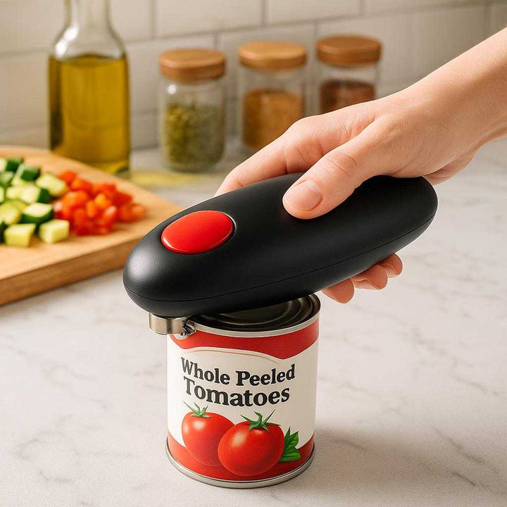 Elektrisk dåseåbner med smart design og nem betjening - Professionel køkkenhjælper i sort med rød og hvid: A realistic modern kitchen setting where the electric can opener is properly grounded on a marble countertop, being actively used by a person's hand to open a can of tomatoes.