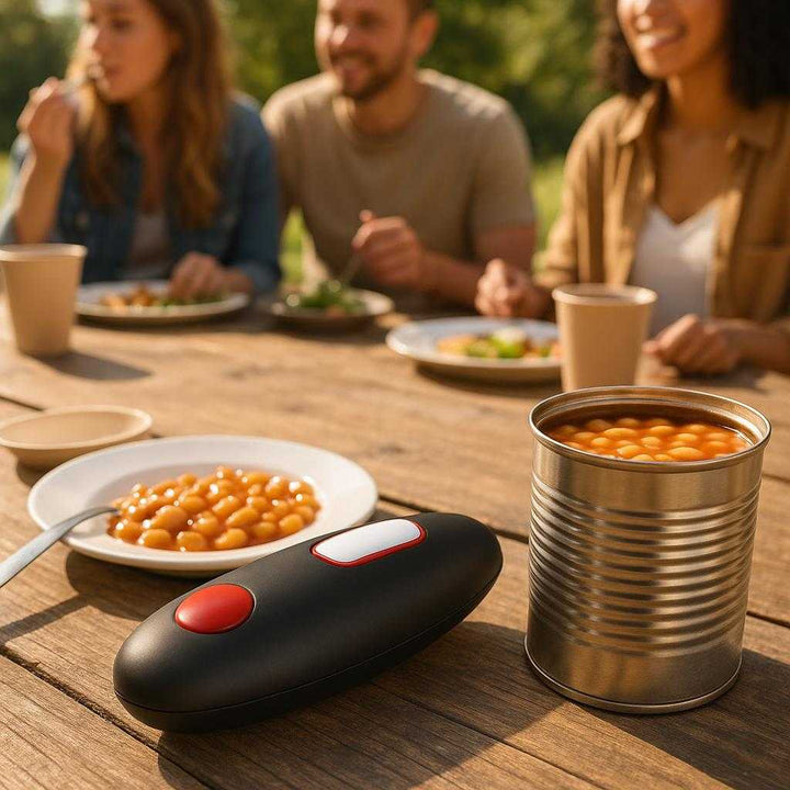 Elektrisk dåseåbner med smart design og nem betjening - Professionel køkkenhjælper i sort med rød og hvid: A different realistic picnic setup on a wooden table, where the electric can opener is securely positioned on the table surface next to an open can of beans, suggesting its recent use.