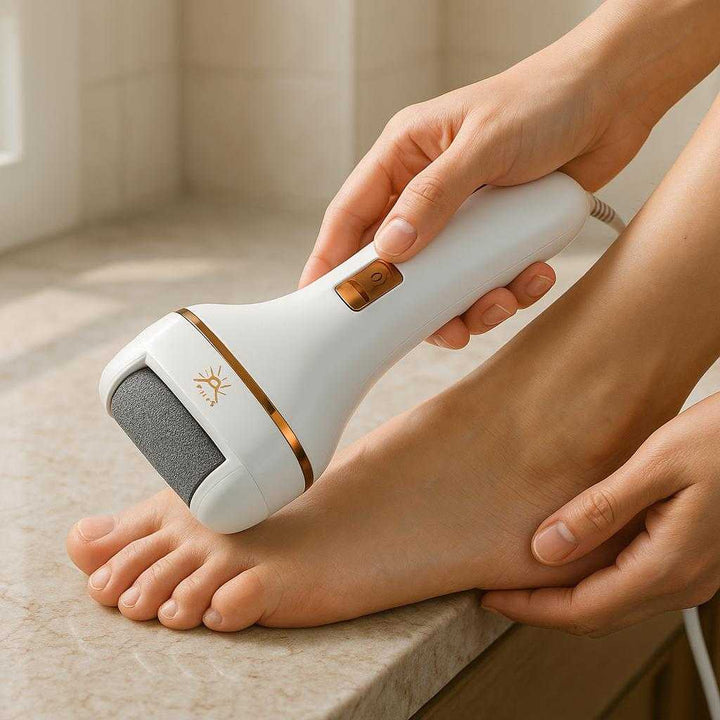 Elektrisk Fodfil til Effektiv Hård Hudfjernelse og Bløde Fødder - Professionel Høj Kvalitet Ergonomisk Design: A realistic bathroom setting where the product is properly grounded on a marble countertop, being actively used by hands.