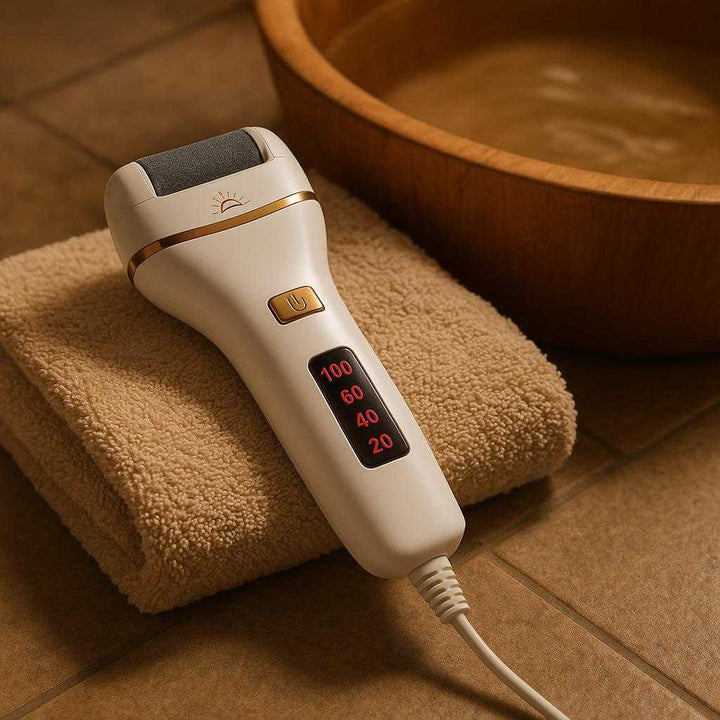 Elektrisk Fodfil til Effektiv Hård Hudfjernelse og Bløde Fødder - Professionel Høj Kvalitet Ergonomisk Design: A different realistic spa-like setting where the product is securely positioned on a plush towel beside a foot soaking basin.