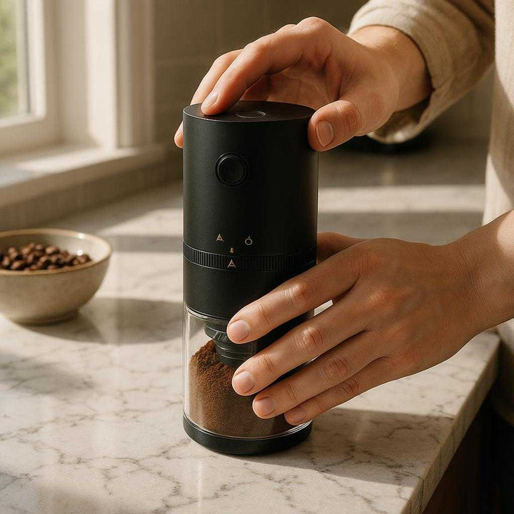 Elektrisk kværn i sort - metal, plastik, akryl - Justerbar og bærbar: A realistic kitchen countertop scene where the electric grinder is properly grounded on a polished marble surface, being actively used by a pair of hands to grind coffee beans, with natural morning light streaming through a nearby window, casting realistic shadows and showing clear contact points where the grinder touches the counter.