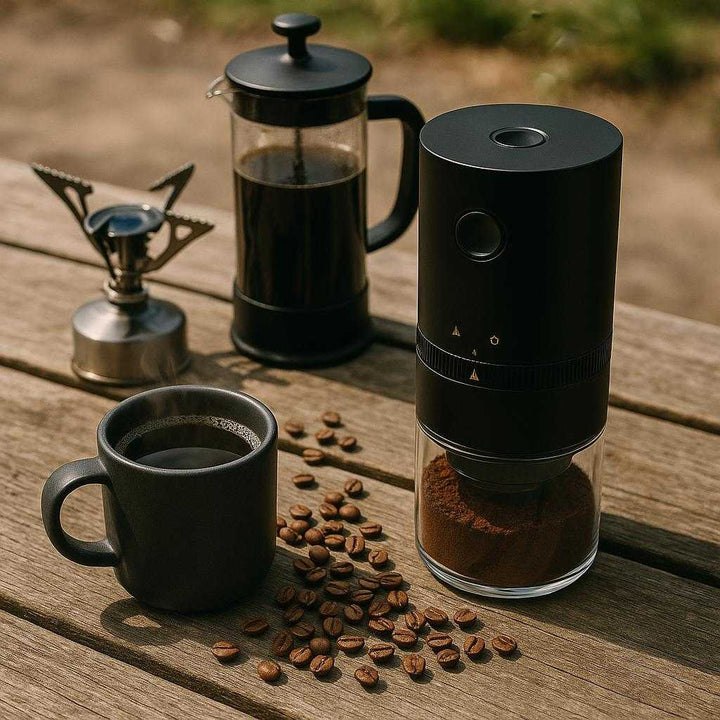 Elektrisk kværn i sort - metal, plastik, akryl - Justerbar og bærbar: A different realistic camping setup on a wooden picnic table, where the electric grinder is securely positioned next to a portable stove and French press, surrounded by coffee beans and a steaming mug of coffee, showcasing its portability.