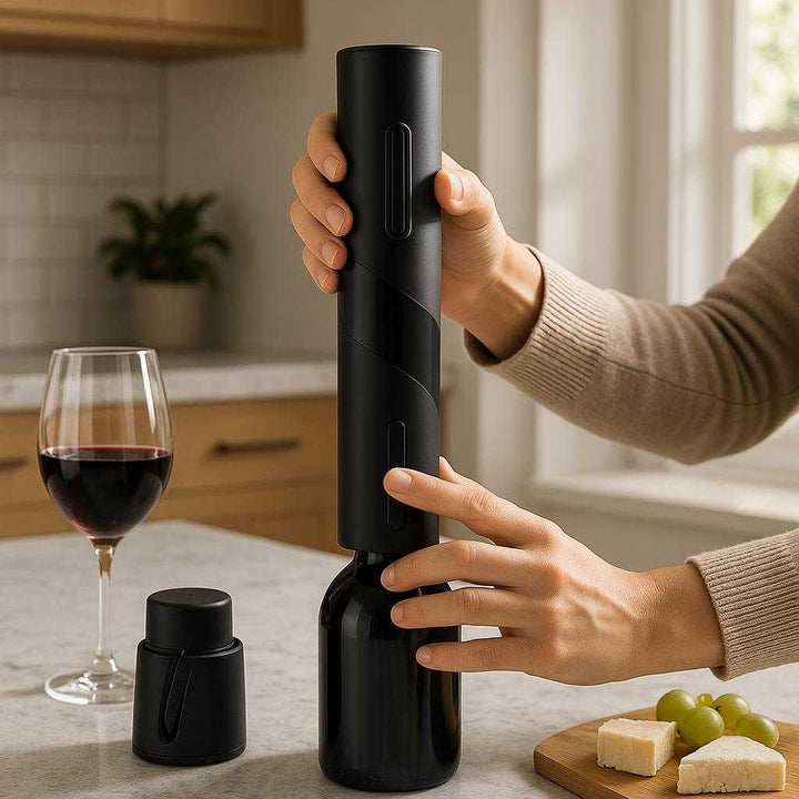 Elektrisk Vinåbner med Folieskærer - Professionelt Vinserveringsværktøj i Slankt Design: A realistic modern kitchen setting where the electric wine opener with foil cutter is properly grounded on a marble countertop, being actively used by a person's hands to open a bottle of wine.
