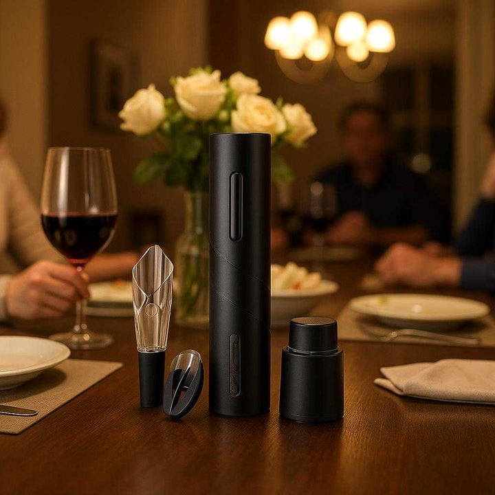 Elektrisk Vinåbner med Folieskærer - Professionelt Vinserveringsværktøj i Slankt Design: A different realistic dining room setting where the electric wine opener set is securely positioned on a dark wooden dining table, naturally placed as a centerpiece during a dinner party.
