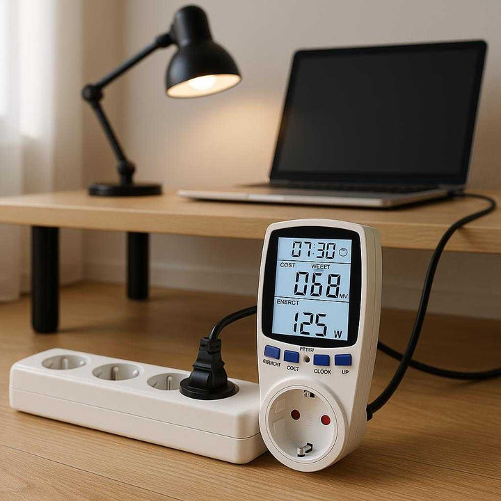 Energiovervågning Elmåler til Stikkontakt - Præcis og Økonomisk Energiovervågning i Høj Kvalitet: A realistic home office setting where the Energiovervågning Elmåler is properly grounded on a power strip on the floor, being actively used to monitor the energy consumption of a laptop and desk lamp.