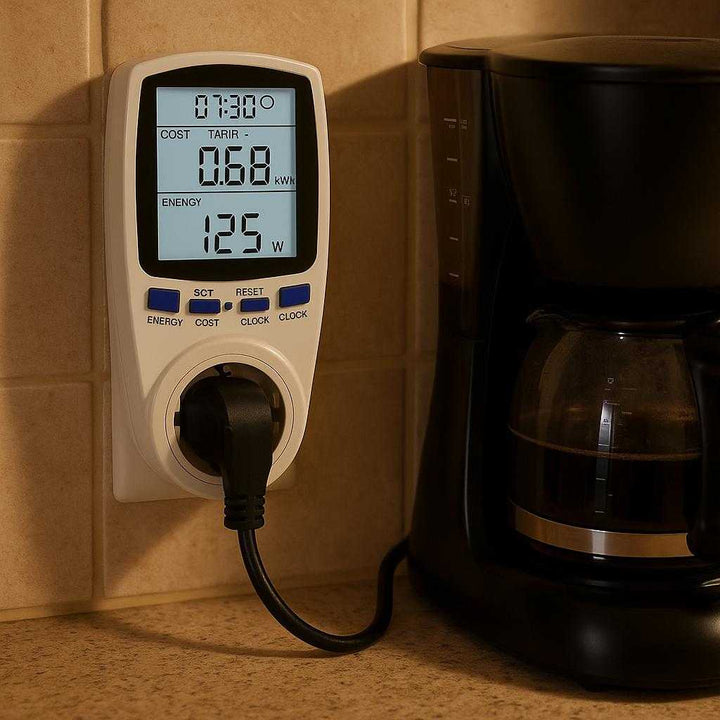 Energiovervågning Elmåler til Stikkontakt - Præcis og Økonomisk Energiovervågning i Høj Kvalitet: A different realistic kitchen environment where the Energiovervågning Elmåler is securely positioned on a wall outlet, being used to track the energy consumption of a coffee maker.