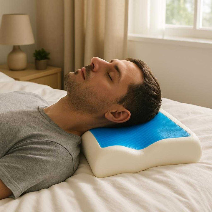 Ergonomisk Gel Memory Foam Kølepude: Høj Kvalitet, Blå Rektangulær Hovedpude: A realistic bedroom setting where the Ergonomisk Gel Memory Foam Kølepude is properly grounded on a neatly made bed with a soft white duvet.