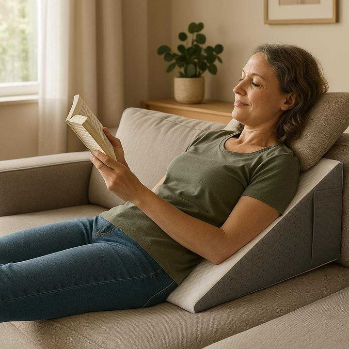 Ergonomisk kilepude til optimal støtte og komfort - Justerbar og multifunktionel i hvid og grå: A realistic living room setting where the ergonomisk kilepude is properly grounded on a plush couch, being actively used by a person lounging with a book, illustrating the comfort and support it provides.