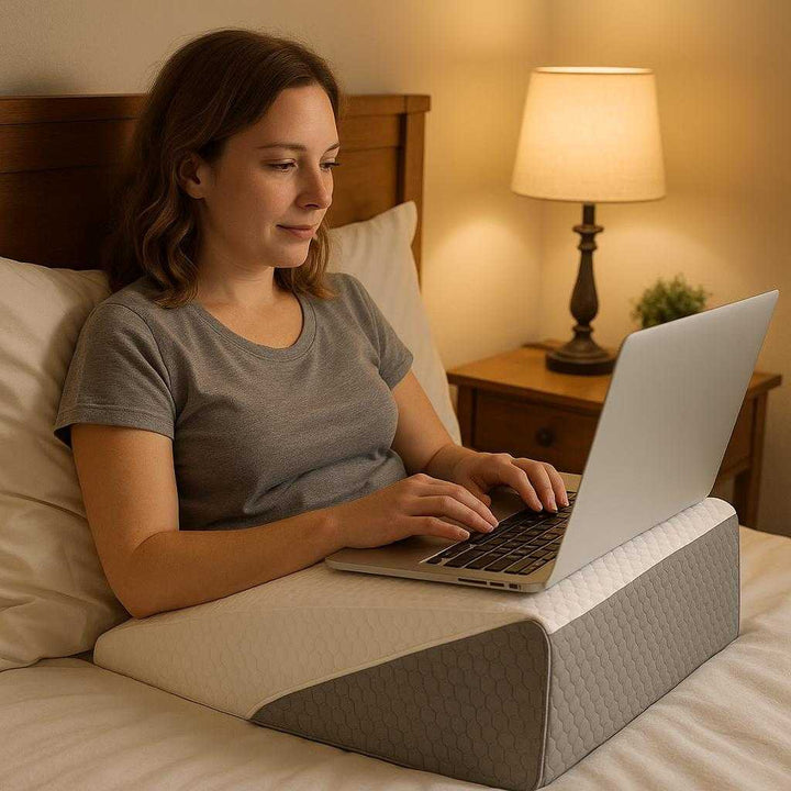 Ergonomisk kilepude til optimal støtte og komfort - Justerbar og multifunktionel i hvid og grå: A different realistic bedroom setting where the ergonomisk kilepude is securely positioned on a neatly made bed, being used differently as a support for a laptop in a relaxed work-from-home scenario.