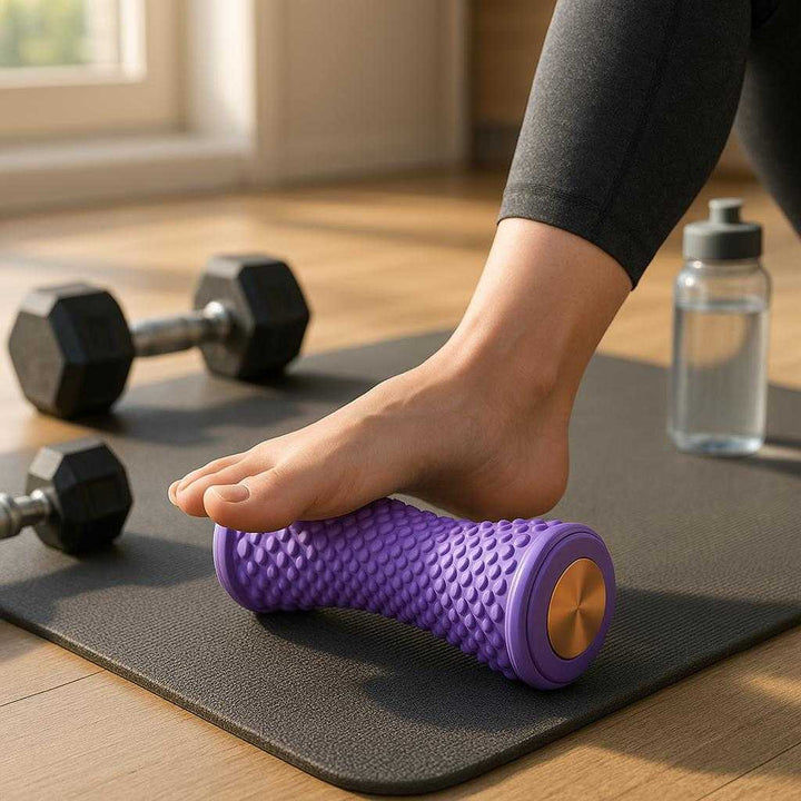 Ergonomisk Lilla Massage Roller med Bikube Tekstur, Holdbart Plastik: A realistic home gym setting where the Ergonomisk Lilla Massage Roller is properly grounded on a yoga mat, being actively used by a person sitting on the floor, rolling it under their foot.