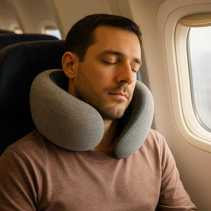 Ergonomisk nakkepude til rejse og søvn - 360° nakkestøtte, blød støttepude, tilgængelig i blå, lyserød, grå, panda-design: A realistic airplane cabin setting where the ergonomic neck pillow is properly grounded on the neck of a relaxed passenger seated in an economy class seat.