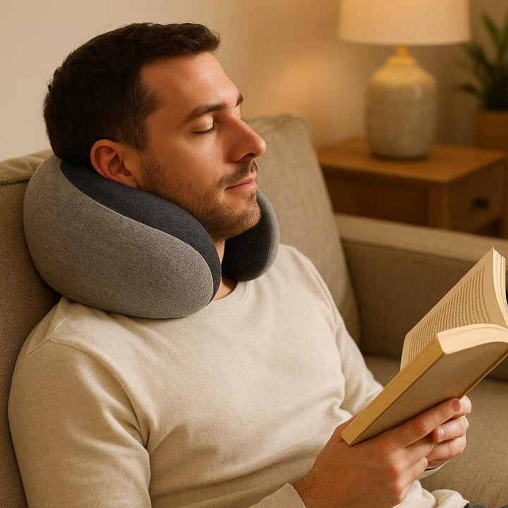 Ergonomisk nakkepude til rejse og søvn - 360° nakkestøtte, blød støttepude, tilgængelig i blå, lyserød, grå, panda-design: A different realistic living room setting where the ergonomic neck pillow is securely positioned on the neck of a person reclining on a comfy sofa, with a book in their hands.