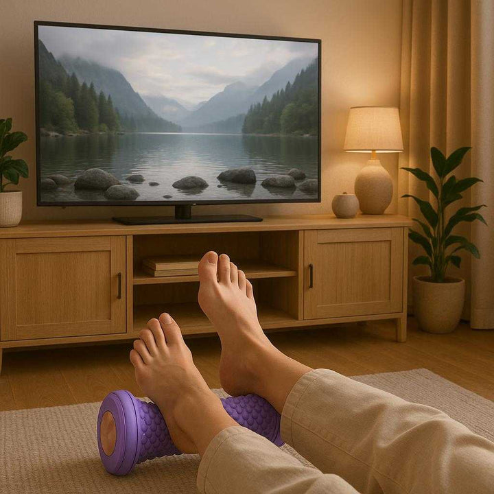 Ergonomisk Professionel Foot Massage Roller i Lilla Design med Bikube Tekstur og Solid Konstruktion. The ergonomic purple foot massage roller is being used in a cozy living room setting, a person relaxing with their feet on the roller while watching a serene nature documentary on TV.