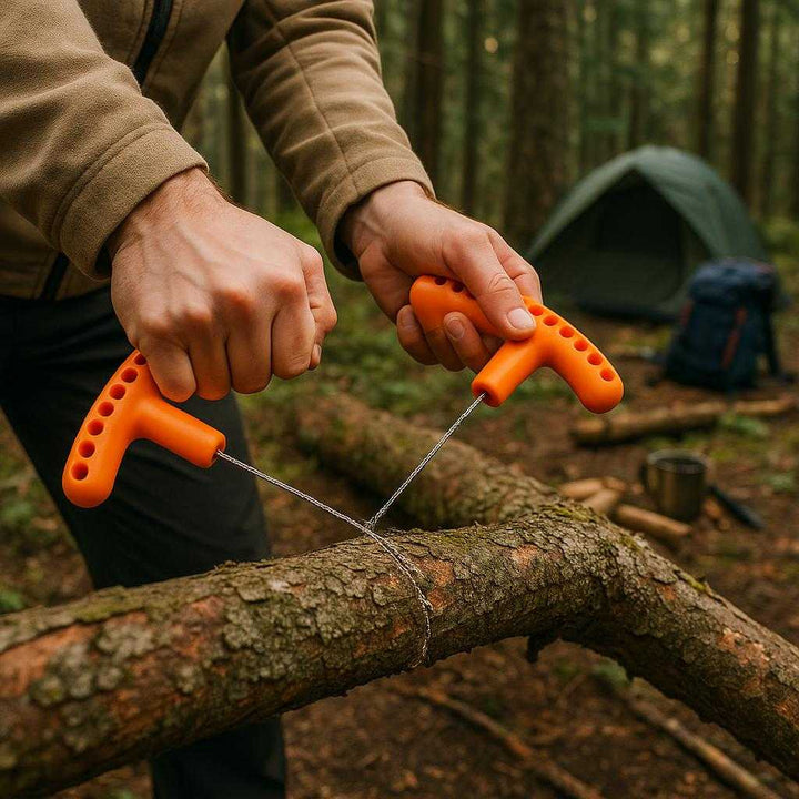 Ergonomisk Trådsav Med Komfortable Greb i Orange og Sort – Effektiv Udendørs Sav. The orange and black ergonomic wire saw is being used by a camper to easily cut through a thick branch in a dense forest, with scattered camping gear in the background.