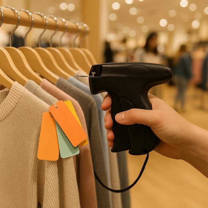 Etiketpistol i Professionel Kvalitet - Nem og Effektiv Mærkning i Butik og Lager - Tilgængelig i 5 Farver: A bustling retail store interior, where the product is being used by a store employee, tagging a row of neatly hung new clothing items with colorful labels.