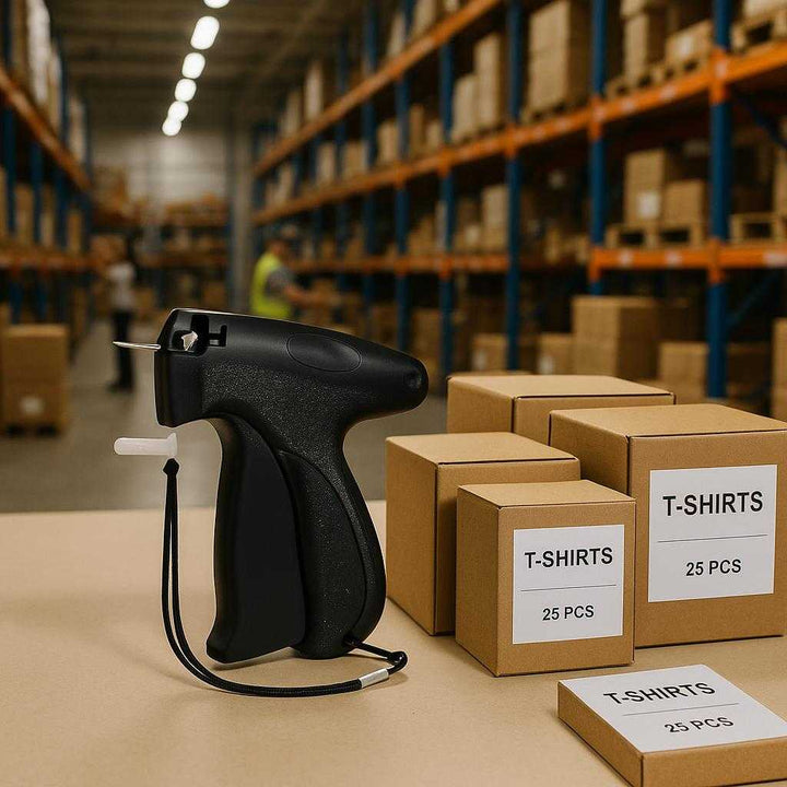 Etiketpistol i Professionel Kvalitet - Nem og Effektiv Mærkning i Butik og Lager - Tilgængelig i 5 Farver: A spacious warehouse setting, where the product is placed on a workbench surrounded by boxes and inventory.