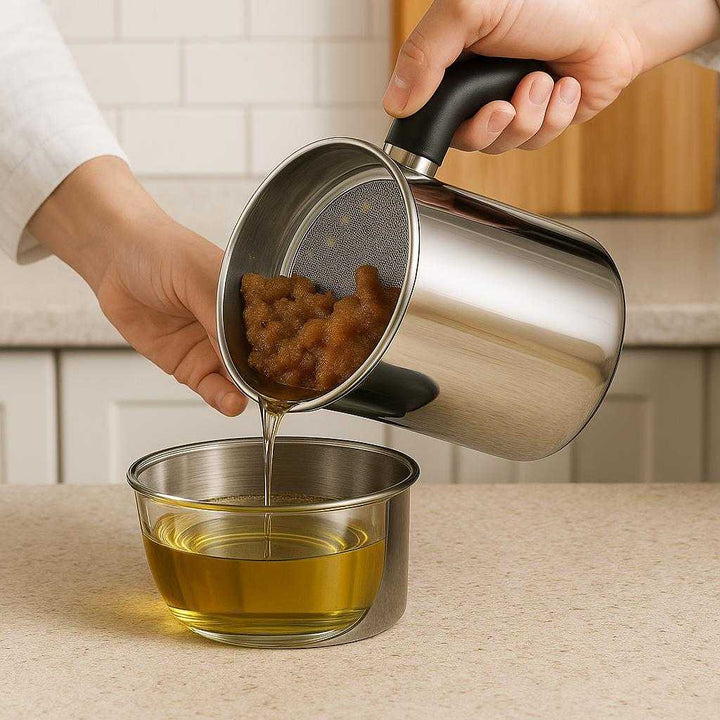 Fedt Beholder i Rustfrit Stål, Plastik og metal - Effektiv Olieadskillelse, Let at Bruge, 'Holdbar' = 'Holdbar', Sølvfarvet: A realistic kitchen counter setting where the stainless steel grease container is properly grounded on the counter, actively being used by a person to separate oil from cooked food residue.