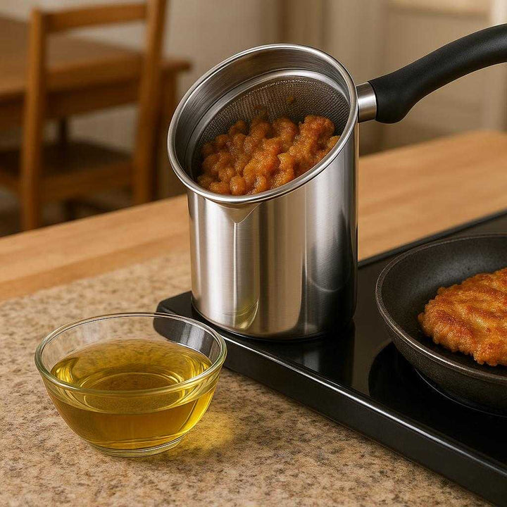 Fedt Beholder i Rustfrit Stål, Plastik og metal - Effektiv Olieadskillelse, Let at Bruge, 'Holdbar' = 'Holdbar', Sølvfarvet: A different realistic dining table setting where the grease container is securely positioned on a tabletop, naturally placed next to a stove or hot plate, ready to collect excess oil from a freshly cooked dish.