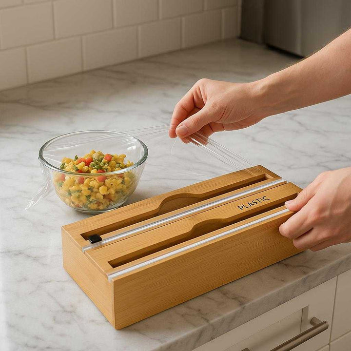 Filmdispenser i Bambus - Praktisk 3-i-1 Holder til Plastfolie, Stanniol og Bagepapir: A realistic modern kitchen setting where the bamboo film dispenser is properly grounded on a marble countertop, being actively used by a person wrapping leftovers in cling film, with natural lighting casting realistic shadows and showing clear contact points where the product touches the surface.