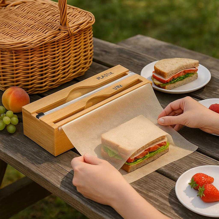Filmdispenser i Bambus - Praktisk 3-i-1 Holder til Plastfolie, Stanniol og Bagepapir: A different realistic picnic setup where the bamboo dispenser is securely positioned on a wooden picnic table, being used naturally to cover sandwiches with baking paper, surrounded by picnic items like a basket and plates, with proper physics, shadows, and realistic integration into the outdoor environment.