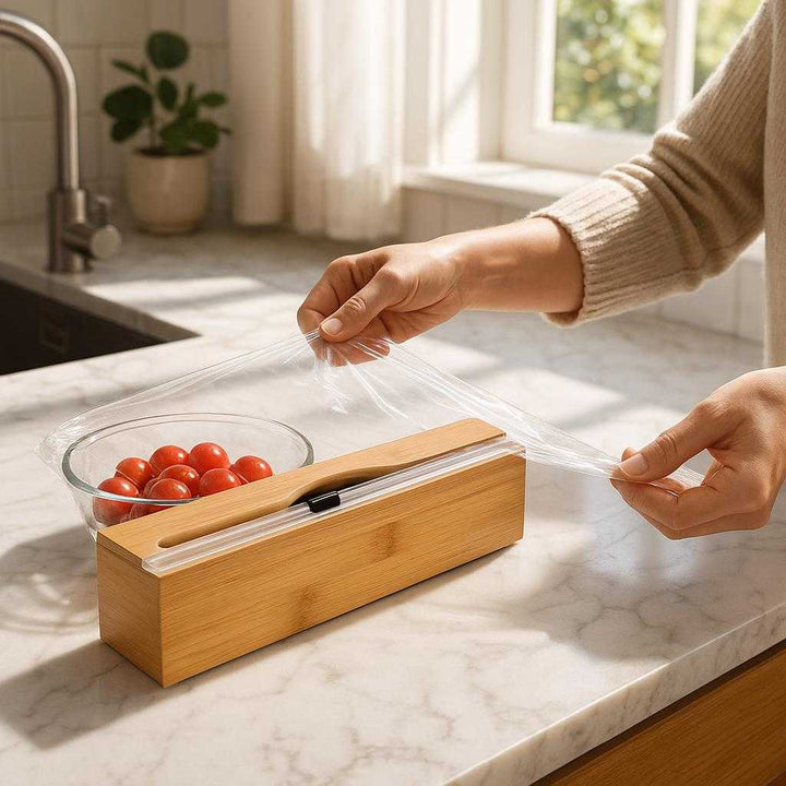 Filmdispenser i Bambus - Praktisk og Æstetisk Opbevaring til Plastfolie, Sølvpapir og Madpapir: A realistic kitchen setting where the product is properly grounded on a marble countertop, being actively used by a person pulling out a sheet of plastic wrap to cover a dish, with natural light streaming in from a nearby window, casting realistic shadows and showing clear contact points where the product touches the surface.