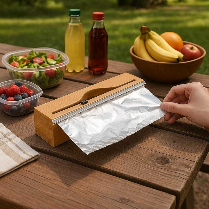 Filmdispenser i Bambus - Praktisk og Æstetisk Opbevaring til Plastfolie, Sølvpapir og Madpapir: A different realistic picnic setting where the product is securely positioned on a wooden picnic table, being naturally placed among other picnic items, with a hand reaching out to grab a section of aluminum foil, with proper physics and shadows integrating the product into the outdoor environment seamlessly.
