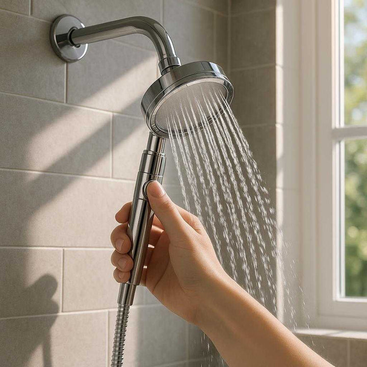 Filter Brusehoved i Sølv - Justerbar Vandstrøm, Højt Tryk og Ergonomisk Design: A realistic modern bathroom setting where the silver shower head is properly grounded, attached to a wall-mounted shower arm.