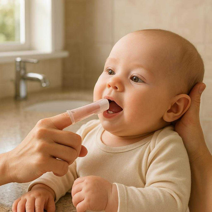 Finger Tandbørste i Transparent Silikone - Nem og Skånsom Tandpleje til Baby og Kæledyr: A realistic bathroom setting where the finger toothbrush is properly grounded on the counter, being actively used by a parent's hand to gently clean a baby's teeth.
