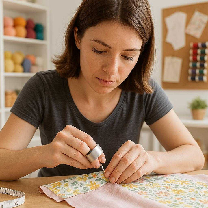 Fingerbeskytter i rustfrit stål - Sikkerhed og præcision til madlavning, strik og dørbrug. In a bright and airy sewing room, the finger protector is used by a focused creator deftly maneuvering fabrics, surrounded by colorful yarns and patterns, highlighting its versatility and craftsmanship.