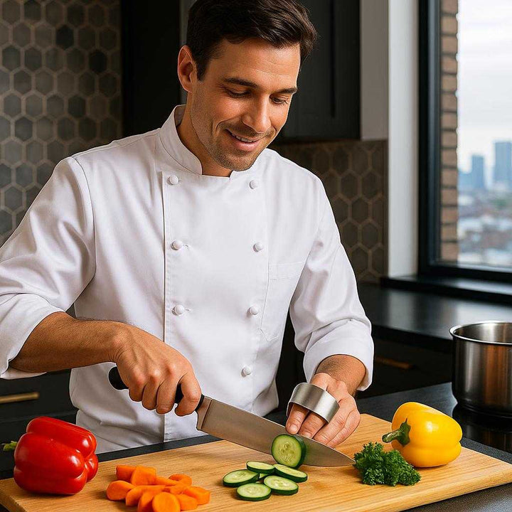 Fingerbeskytter i rustfrit stål - Sikkerhed og præcision til madlavning, strik og dørbrug. The finger protector is securely worn by a chef slicing vibrant vegetables in an upscale kitchen, with a stylish backsplash and a view of the bustling cityscape outside, radiating confidence and safety.