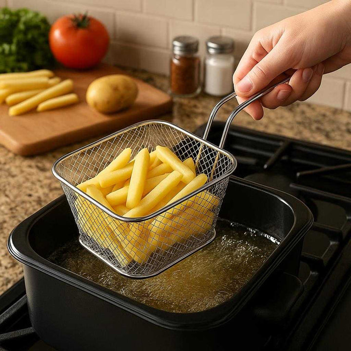 Firkantet Rustfri Stål Pommes Frites Kurv til Perfekt Friturestegning derhjemme: A realistic home kitchen setting where the product is properly grounded on a stovetop or countertop, filled with freshly cut potatoes being lowered into a hot oil fryer by someone's hand.