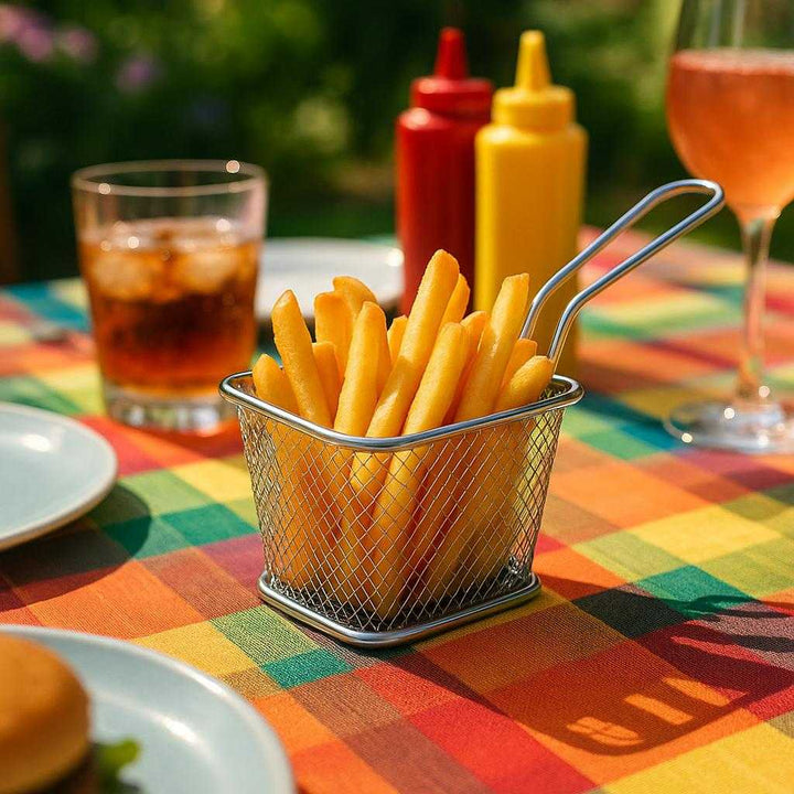 Firkantet Rustfri Stål Pommes Frites Kurv til Perfekt Friturestegning derhjemme: A different realistic garden party setting where the product is securely positioned on an outdoor table, being used to serve crispy, golden fries.